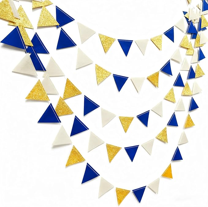 Blue Gold Beige Party Decoration Royal Gold Glitter Felt Hanging Triangle Mini Bunting Pennant Banner Flag for Birthday Wedding Graduation Baby Shower Nautical Ahoy Anchor Party Nursery Classroom Decor