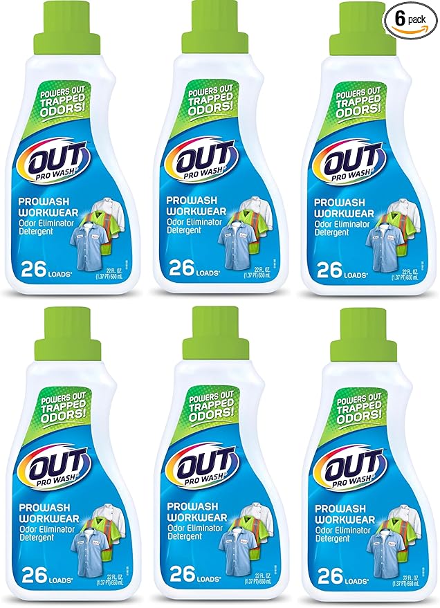 OUT ProWash Workwear Stain Remover Laundry Detergent and Odor Eliminator, Great for Work Clothes, Uniforms, Active Wear, and More, Made in the USA, 22 Ounce Bottle, 6-Pack