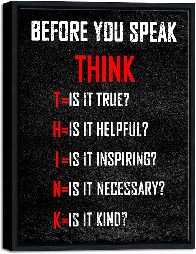 Pyradecor Large Inspirational Poster Black Framed Canvas Wall Art Motivational Think Before You Speak Classroom Positive Quotes for Office Home Decorations