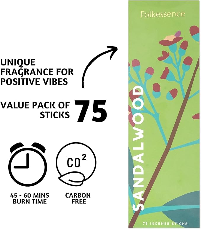 Folkulture Sandalwood Incense Sticks for Home | Pack of 75 Organic Insence-Sticks Sandalwood with 45 Mins Burn Time | Non Toxic Incents for Meditation & Spiritual Practice Inscents-Sticks