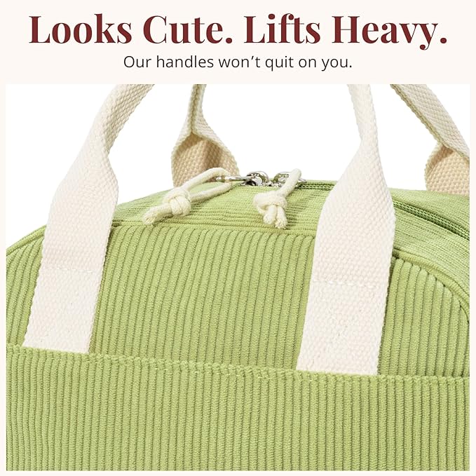 LOVELYWIND Insulated Lunch Bag for Women Men, Stylish Corduroy Tote Bag with Aluminum Lining, Large Capacity Reusable Cooler for Work, Travel, or Beach, Guacamole Green Lunch Box