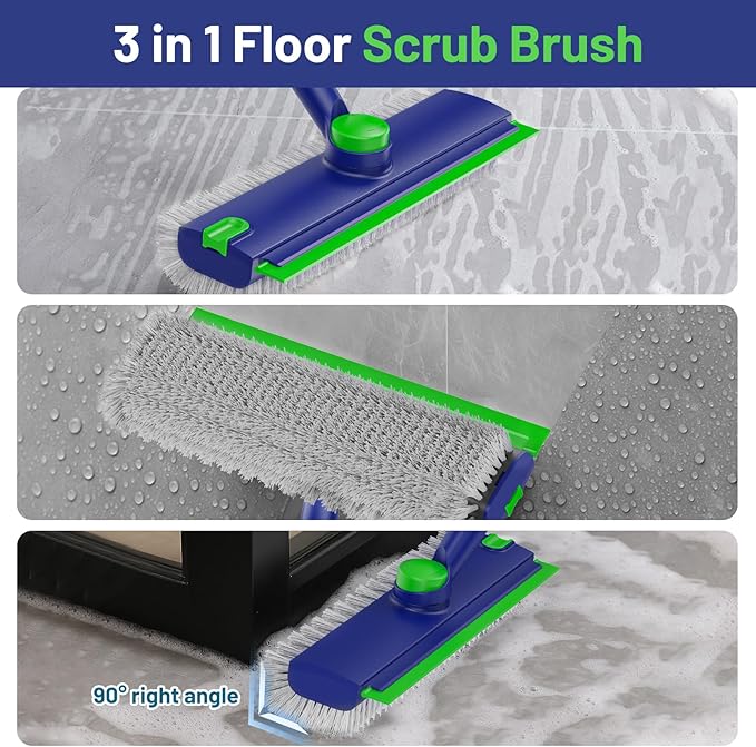 EHADOO Floor Scrub Brush with Long Handle: 3 in 1 Heavy-Duty Floor Scrubber Brush with Squeegee for Cleaning Tile Bathroom Deck Kitchen Patio