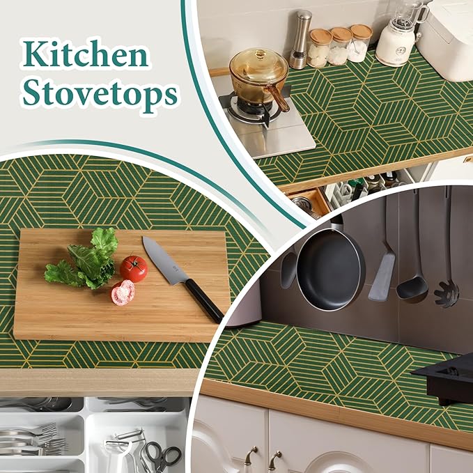 Shelf Liners for Kitchen Cabinets 23.6in x 30FT, Non-Adhesive Cabinet Liner, Strong Non-Slip Thickened Gold Green Geometric Drawer Liner, Easy to Clean for Shelf, Cabinet with Knife and Tape Measure