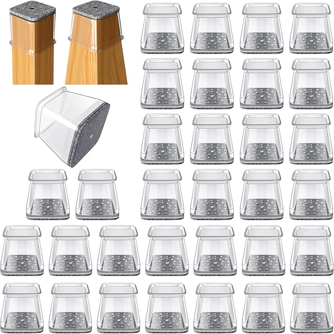 32 Pcs Square Chair Leg Protectors for Hardwood Floors, Felt Furniture Floor Protectors with Silicone Caps, Extra Large Size (Fits Chair Legs with Side Length: 1-5/8" to 2")