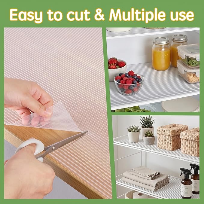 Songrey Non-Adhesive Shelf Liner, 12IN x 20FT Waterproof Cabinet & Drawer Liner, EVA Material Non-Slip Mat for Kitchen Cupboard, Refrigerator, Easy to Cut, Washable, Beige