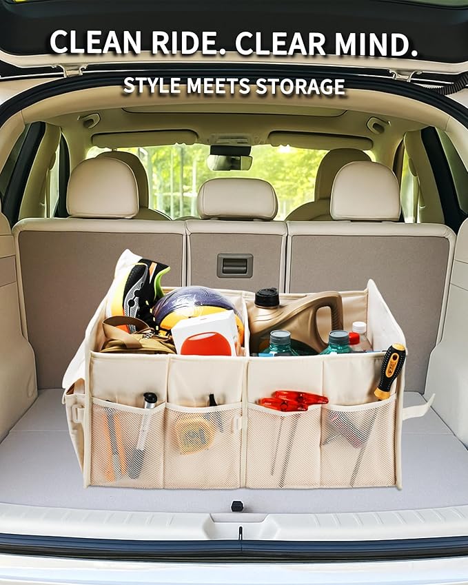Sturdy Car Trunk Organizer – Large Capacity Trunk Organizer for SUVs & Sedans, Hard-Shell One-Piece Design with Cute Print, Collapsible and Durable Car Organizers （Beige Leopard 70L ）