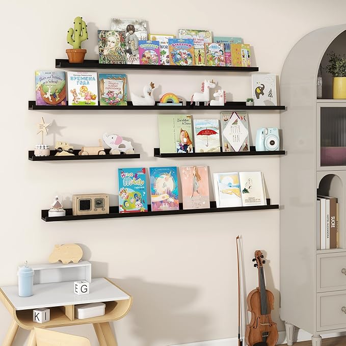 Fun Memories Picture Ledge Shelves Set of 2, 32 Inch Rustic Wall Mounted Floating Shelves with Lip for Home Storage and Decor in Bathroom, Kitchen, Nursery, Bedroom, Living Room, Black