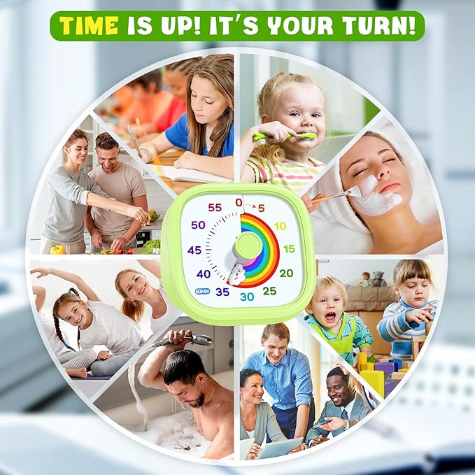 HIPPIH Visual Timer for Kids - 60 Minute Pomodoro Timers for Classroom Kitchen Office, Countdown Kids Timer Clock with Rainbow Disk, Desk Time Management Tool for Toddler with Silent Operation, Green