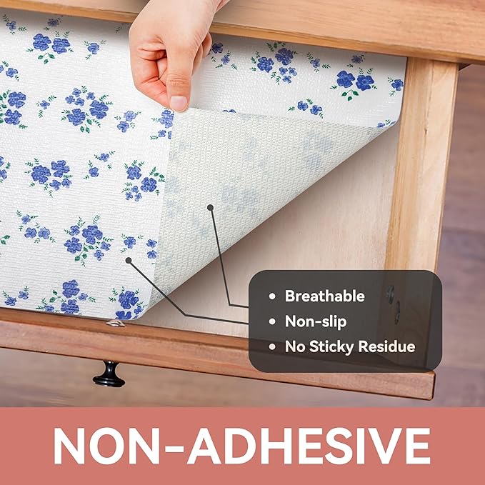 RAY STAR Shelf Liner, Non-Adhesive Blue Floral Kitchen Cabinet Liner for Pantry Drawer Vanity, Strong Grip Non-Slip, Shelf Liners for Cupboard 18 Inch x 8 FT (6 Rolls) Signature Delivery