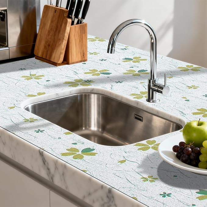 FIFTY FEET 18"x96" Non-Adhesive Shelf Liner for Kitchen Cabinets and Drawers, Washable Non-Slip PVC Cabinet Liner (Green Floral)(1 Roll)