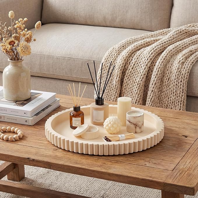 Oval Concrete Decorative Tray for Coffee Table Decoration 15" Modern Cream White Table Centerpieces Decorative Ottoman Tray for Serve Home Decoration Accent Bandejas Decorativas Gift