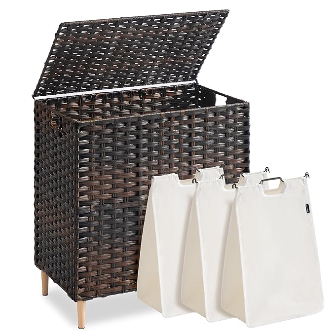 SONGMICS Laundry Hamper with Lid, 42 Gal. (160 L) PE Rattan Laundry Basket with Lid and Handles, Natural Material, Removable Machine Washable Liner, Chestnut Brown ULCB223ME01