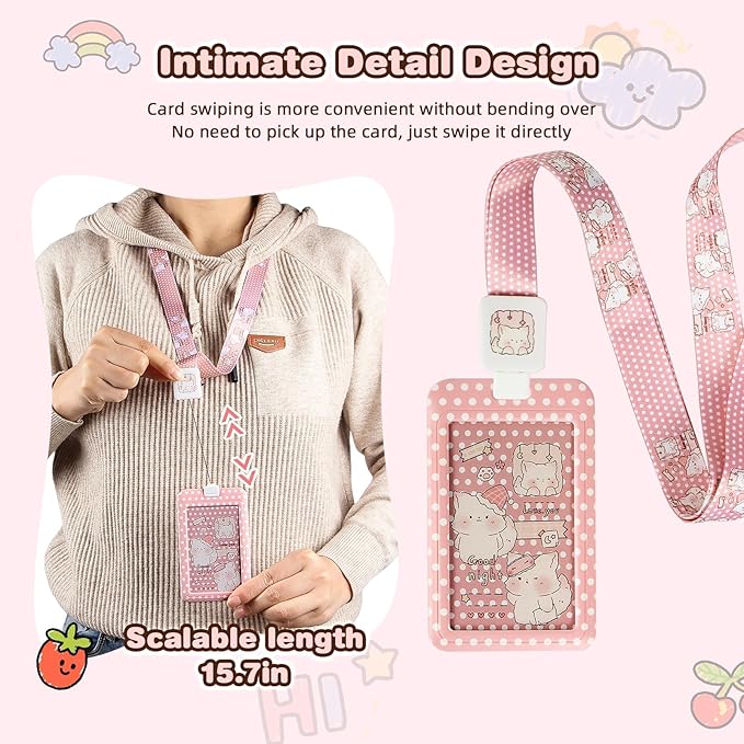 Cute ID Badge Holder with Clip Badge Reels and Lanyards with Badge Reel with 15-inch Pull Cord for School, Teacher, Student, Women, Men (Kitten)