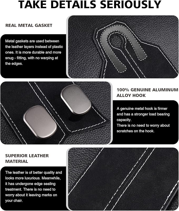 MOBIKEY Purse Hook for Car, Car Hooks for Headrest Car Seat Hooks Purse Hanger for Car 100% Metal & Premium Leather 2025 Latest Car Organization Accessories for Bags, Purses, Phones etc (Black 2Pcs)