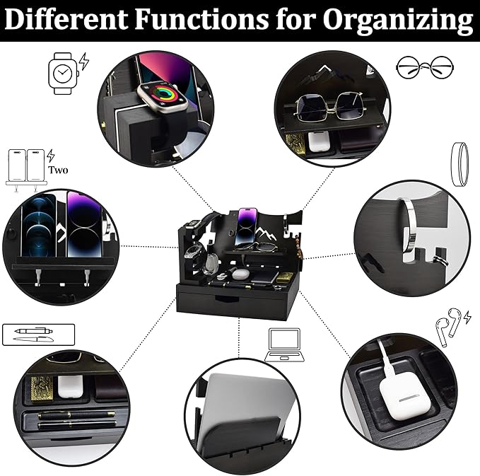 Nightstand Organizer for Men with Large Drawer, Birthday Gifts for Men Father Husband, Wood Phone Docking Station, Bedside Organizer for Nightstand Office for Apple Watch, Laptop (Black)