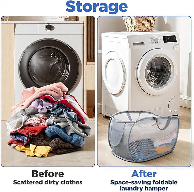 Foldable Laundry Basket Set of 4 - Popup Collapsible Design, Durable Mesh Material, Easy Carry Handles, Perfect for Home, Dorm, Travel - Beige, Navy, Black, Grey