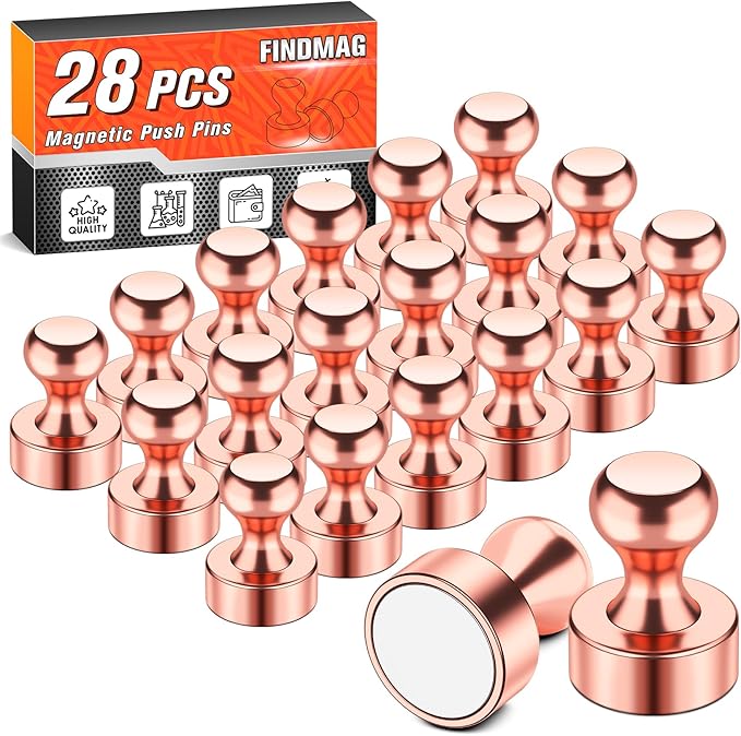 FINDMAG Refrigerator Magnets, Cool and Powerful Locker Magnets, Strong and Cute Magnetic Push Pins for Whiteboard, Stylish Dry Erase Board Magnets for Office, Classroom, Kitchen, Pack of 28 (Rose Gold)