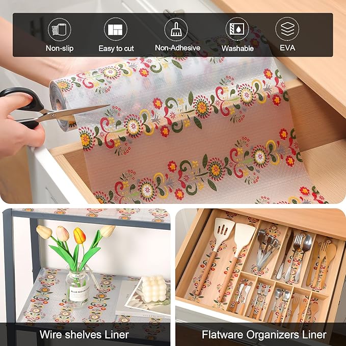 Cooyes Shelf Liner – Non-Slip Cabinet & Drawer Liner for Kitchen – Non-Adhesive Waterproof Shelf Paper with Modern Pattern – Durable EVA Cabinet Mat – Easy to Cut (Sunflower,17.5" W x 197" L)