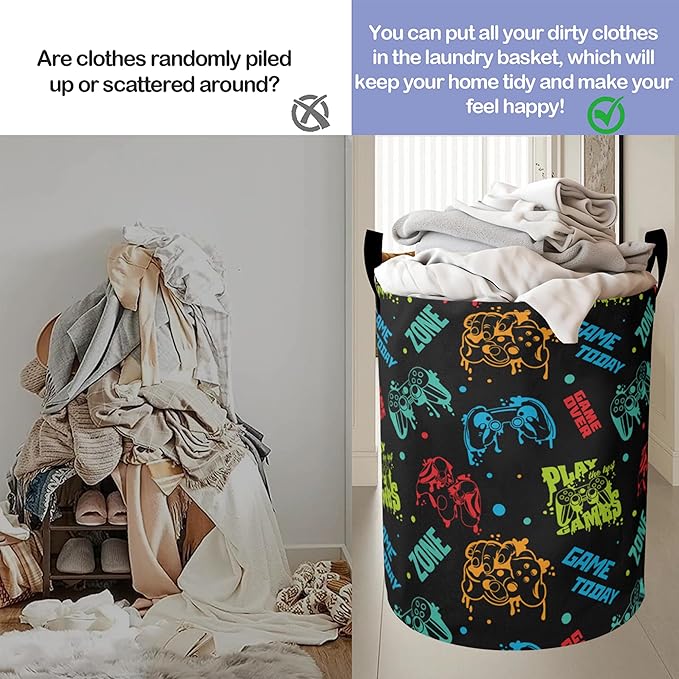 Laundry Basket, Color Game Console Large Canvas Fabric Lightweight Storage Hamper Organizer Dirty Clothes Collapsible Waterproof for College Dorms, Bathroom