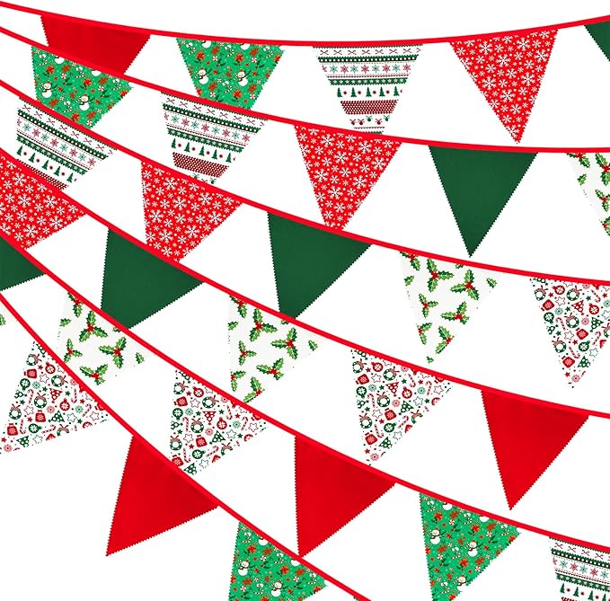 G2PLUS Christmas Triangle Bunting Banner, 39Ft Cotton Pennant Banner, Red and Green Fabric Flags for Holiday, Home and Party Hanging Decorations