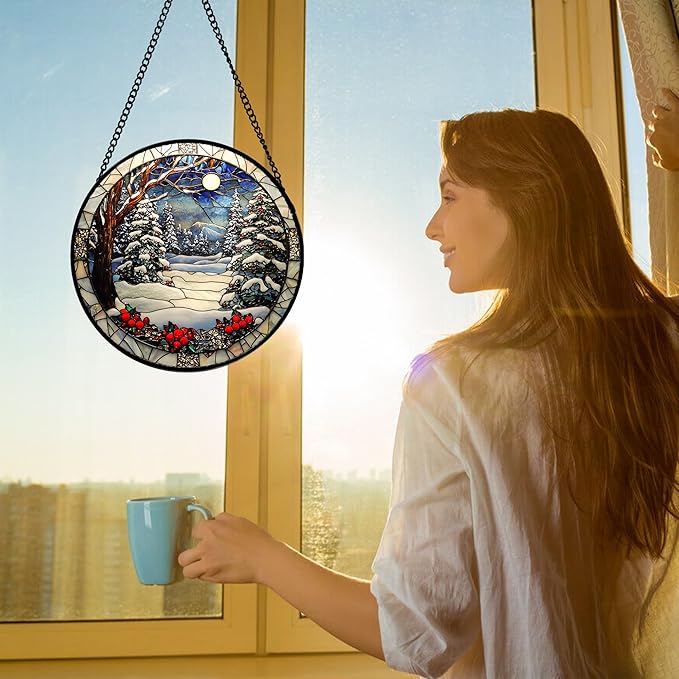 Stained Glass Window Hanging Christmas Tree Winter Snow Night Scenery 6.3" - Suncatcher Door Garden Kitchen Sun Catcher Home Decor Birthday for Mom Men Woman Friend
