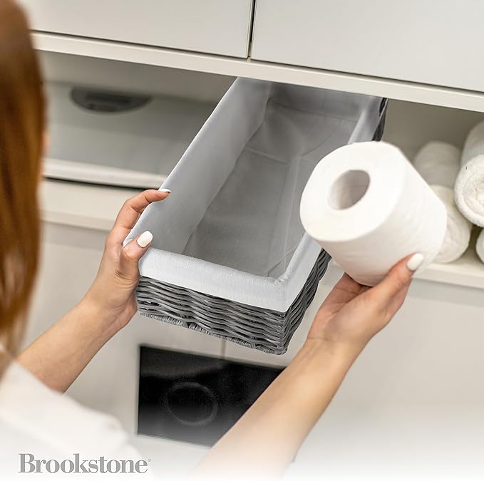 Brookstone Wicker Storage Basket Two Pack Set, Bathroom and Closet Organizers and Storage Bins with Fabric Liner, Grey