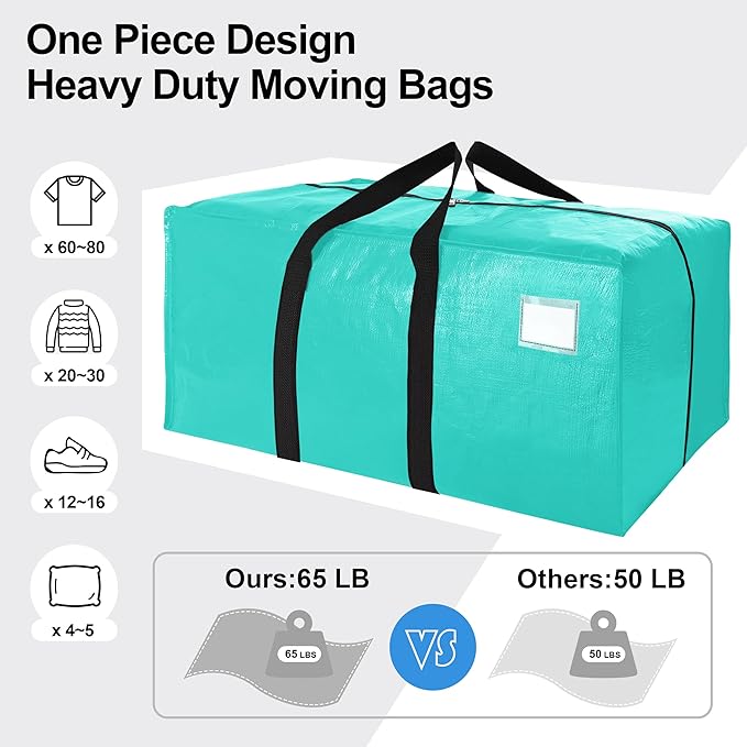 VELVETSURE 12 Pack Heavy Duty Large Moving Bags W/Backpack Straps - Strong Handles & Zippers, Storage Totes For Space Saving, Fold Flat, Alternative to Moving Box and Storage Bin, Aquamarine