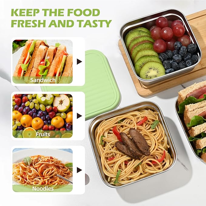 2 Pack Stainless Steel Sandwich Containers, 20oz Leakproof Reusable Metal Lunch Boxes with Silicone Lids, BPA-Free Meal Prep Food Storage Containers for Snacks, Fruits, Salad, Travel & Office Lunch