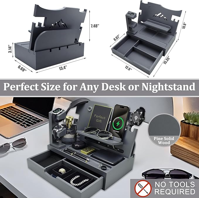 Nightstand Organizer for Men with Large Drawer, Birthday Gifts for Men, Phone Docking Station, Bedside Organizer for Nightstand for Apple Watch, Laptop (Grey, Solid Wood)