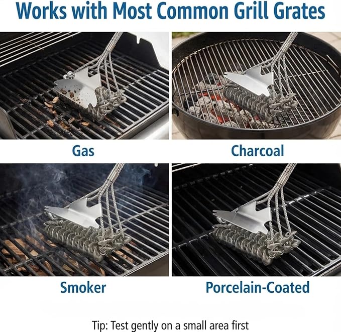 Bristle-Free Grill Brush with Scraper - Reinforced Coil Grill Cleaning Brush, Long Handle Safe BBQ Cleaner for Gas and Charcoal Grates