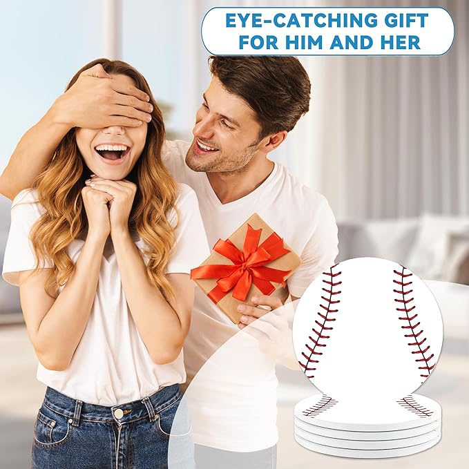 Baseball Round 4" Cup Coasters Set of 4, Absorbent Ceramic Stone Coasters with Cork Base, Ideal Gifts for Home Decor