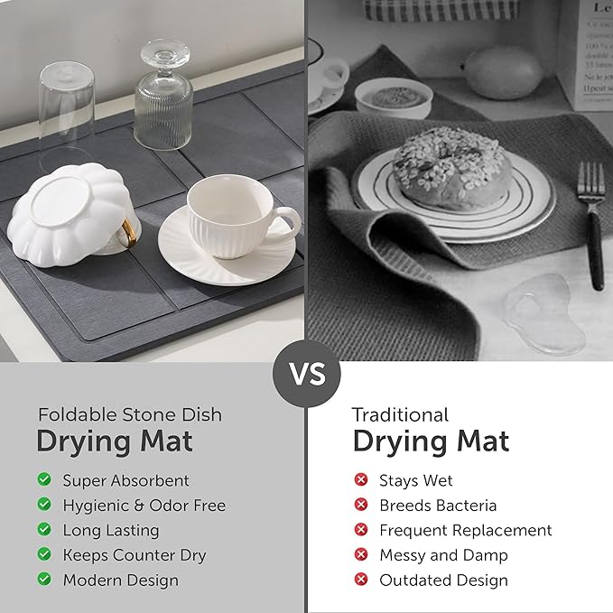 Large Stone Dish Drying Mat for Kitchen Counter, 2PCS Stone Drying Mat for Kitchen Counter, Detachable Water Absorbing Diatomaceous Earth Drying Pad for Bottles Dish Cups(Dark Gray 24"×16" & 8"x5")