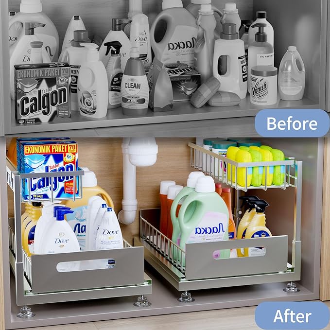Under Sink Organizer Storage 2-Tier Premium Metal Pull-Out Kitchen Cabinet Organizer with Sliding Drawer, Height Adjustable, Heavy Duty for Kitchen & Bathroom Organizers 1 Pack Grey