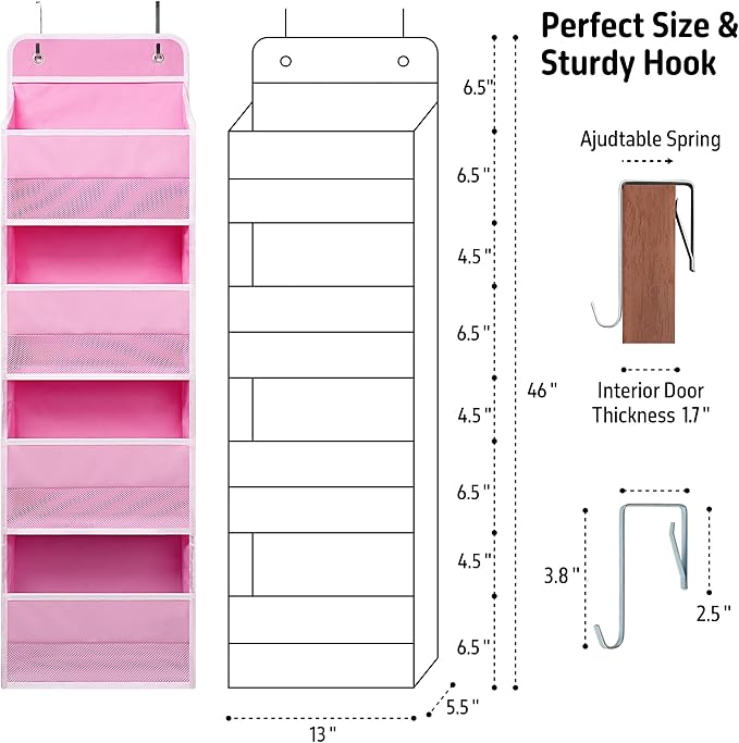 Over Door Organizer with 4 Large Capacity Pockets, Heavy Duty Hanging Organizer Storage for Closet Bathroom Nursery Bedroom Dorm, Toys Cosmetics Sundries and Baby Essentials, Pink