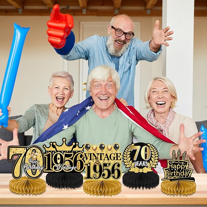 Refavor 70th Birthday Decorations Men, Happy Vintage 70 Years Old Honeycomb Centerpieces Party Decor for Women, 9pcs Cheer Black Gold Table Supples