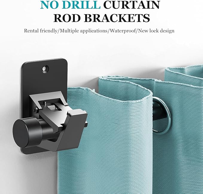 Adhesive No Drill Curtain Rod Brackets - Heavy Duty 30LB Holders for Bathroom Bedroom Kitchen, Universal Damage-Free Window Rod Hooks with Nail-Free Installation (2PC Black)