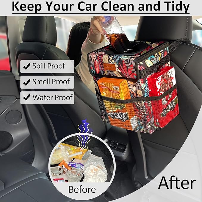 ELONGRIVER Car Trash Can Bin for Back Seat Leak Proof, Cute Car Trash Bag Hanging, Vehicle Trash Can for SUV Truck Van, Automotive Garbage Cans Front Seat Red Leaves