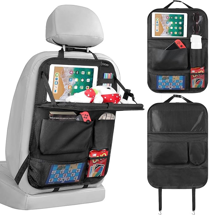 LUCMO Car Backseat Organizer with Tablet Holder, 6 Storage Pockets Car Storage Organizer with Foldable Food Tray, Protectors Kick Mats Travel Accessories - Black
