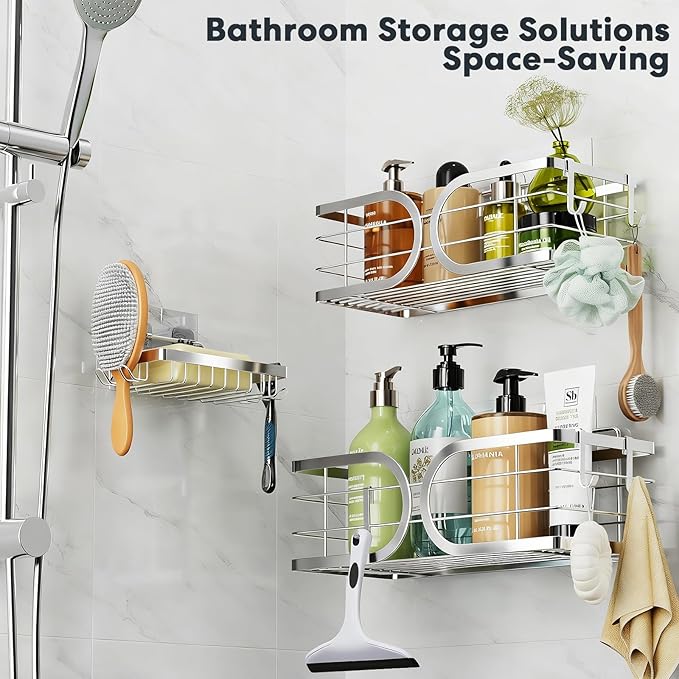 Shower Caddy 3 Pack Adhesive 304 Stainless Steel Shelves No Drill Durable Large Capacity Shower Rack Organizer Soap Holder Quick Dry Rustproof Bathroom Storage(Silver)