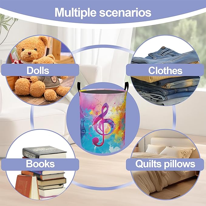 Colorful Music Symbols Laundry Basket-Large Foldable Hamper Holder Portable Tall Collapsible Laundry Hamper Storage Basket Bin with Handles, Canvas & Waterproof lining for Household Items