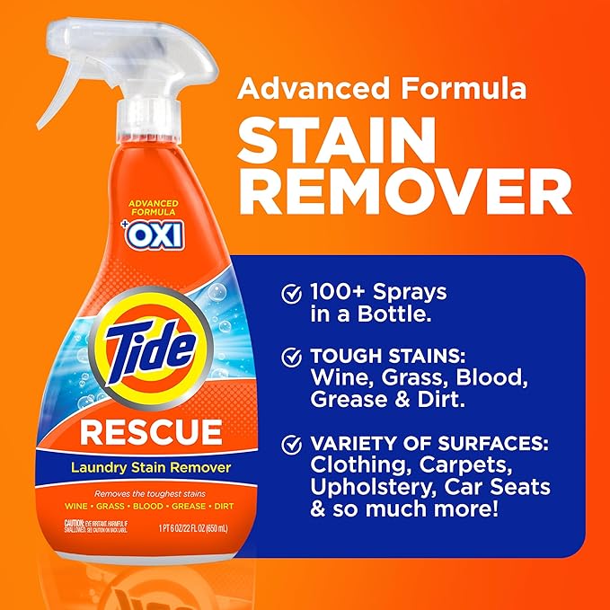 Tide Laundry Stain Remover Spray with Oxi, Stain Remover for Clothes, Carpet, Upholstery, Pet Bedding, & More, Stain Treater Spray for Tough Stains from Wine, Coffee, Grease, 21.5 Fl Oz (Pack of 4)