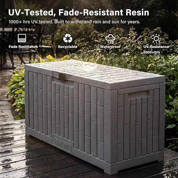 EAST OAK Outdoor Storage Box, 80 Gallon Deck Box, Waterproof Resin Storage Bin for Patio Cushions, Gardening Tools, Lockable, UV Resistant, Grey
