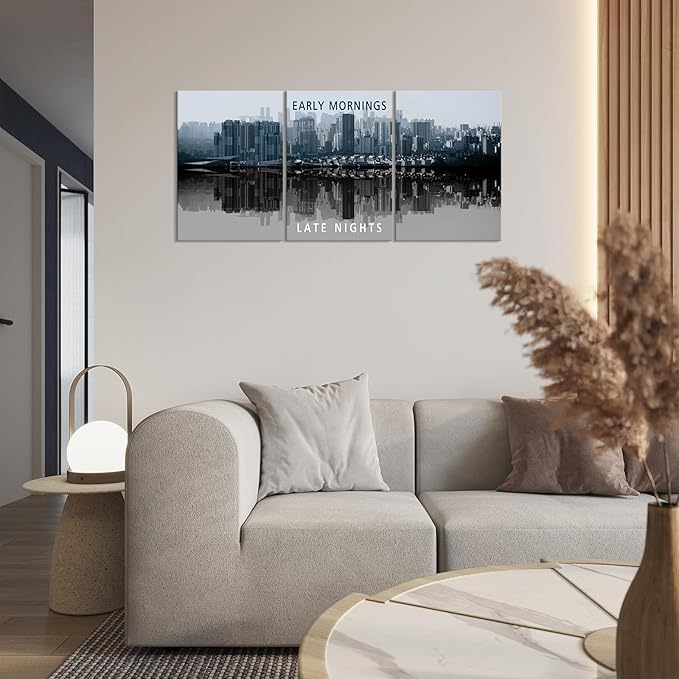 KAWAHONE Inspirational Wall Art -Motivational Quote Black and White Wall Art-City Night Scenes Modern Cityscape Building Artwork Decor for Home Office Bathroom Bedroom Kitchen Classroom Gym