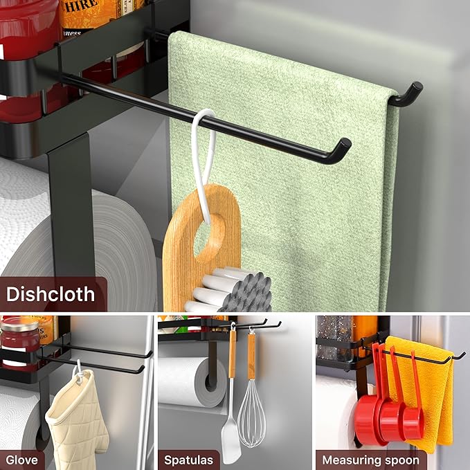 ZUNTO 2pcs Magnetic Paper Towel Holder for Fridge, Black Kitchen Organizer with Towel Roll Holder, Spice Shelf and 2 Hanging Racks (No Drilling)