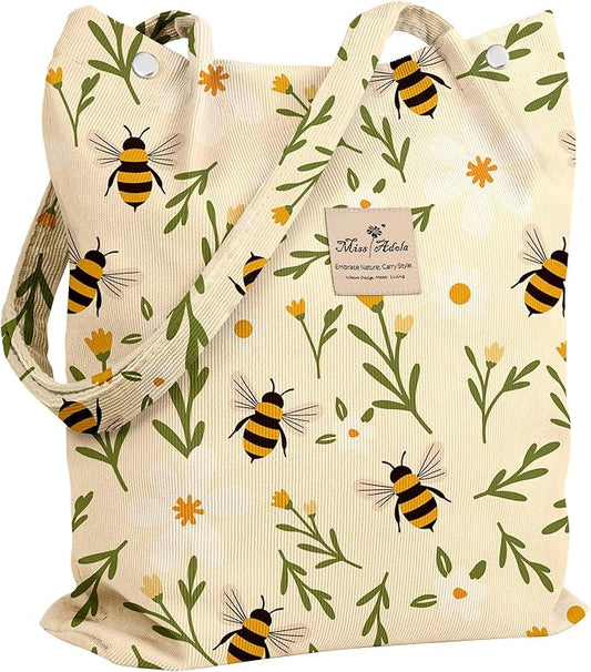 Miss Adola Corduroy Tote Bag for Women - Reusable Totes with Pocket & Buckle Cute Aesthetic Shoulder Bag for Work Travel
