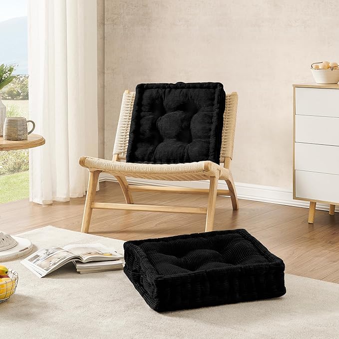 Wellsin Square Floor Pillows for Adults Kids - Meditation Floor Pillow Seating Cushion - Tufted Floor Cushion with Shredded Foam & Velvet Cover, 2 Pack, 20x20 Inch, Black