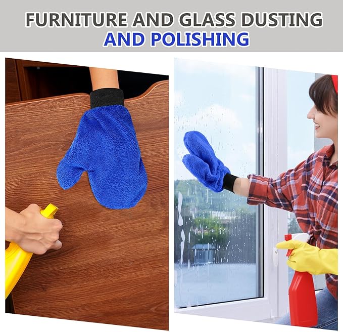 Teenyyou 6 Pcs Microfiber Dusting Mitt with Thumb, Washable Reusable Household Cleaning Mitt, Car Wash Gloves, Terry Dusting Gloves for Plant Wheel House Blinds Kitchen (Royal Blue, 9.84 x 7.87 Inch)