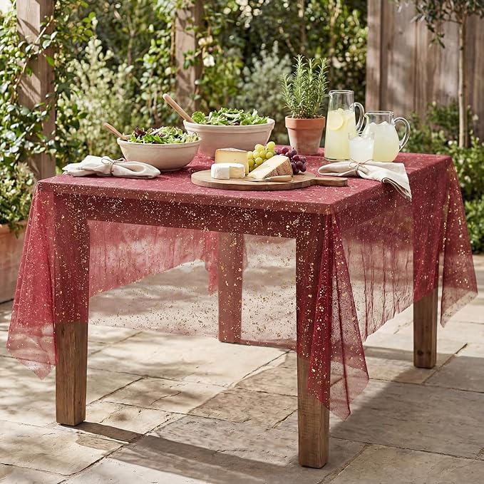 Horaldaily Burgundy Gold Gauze Tablecloth 60x120 Inch Rectangular, Golden Sequin Glitter Metallic Foil, Sheer Tulle Cheesecloth for Wedding Baby Shower Ceremony Birthday