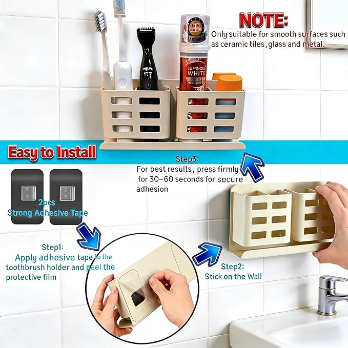 Aluminum Toothbrush Holder, Self-Adhesive Wall Mount Bathroom Organizer for Toothbrush, Razor, Comb & Toothpaste. (Cream White