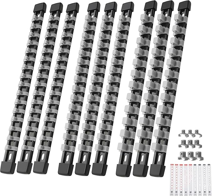 9-Piece Socket Organizer Set - 1/4-Inch x 48 Clips, 3/8-Inch x 45 Clips, 1/2-Inch x 36 Clips, Heavy Duty ABS Socket Holder, Premium Quality Socket Clip Rail Holder for Tool Box Drawer